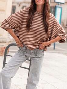 Plus Size Women's New Fashion Elegant Elegant Striped Round Neck Dropped Shoulder Short Sleeve T-Shirt Holiday College Vacation Daily Travel Summer - Apricot Color - View 3