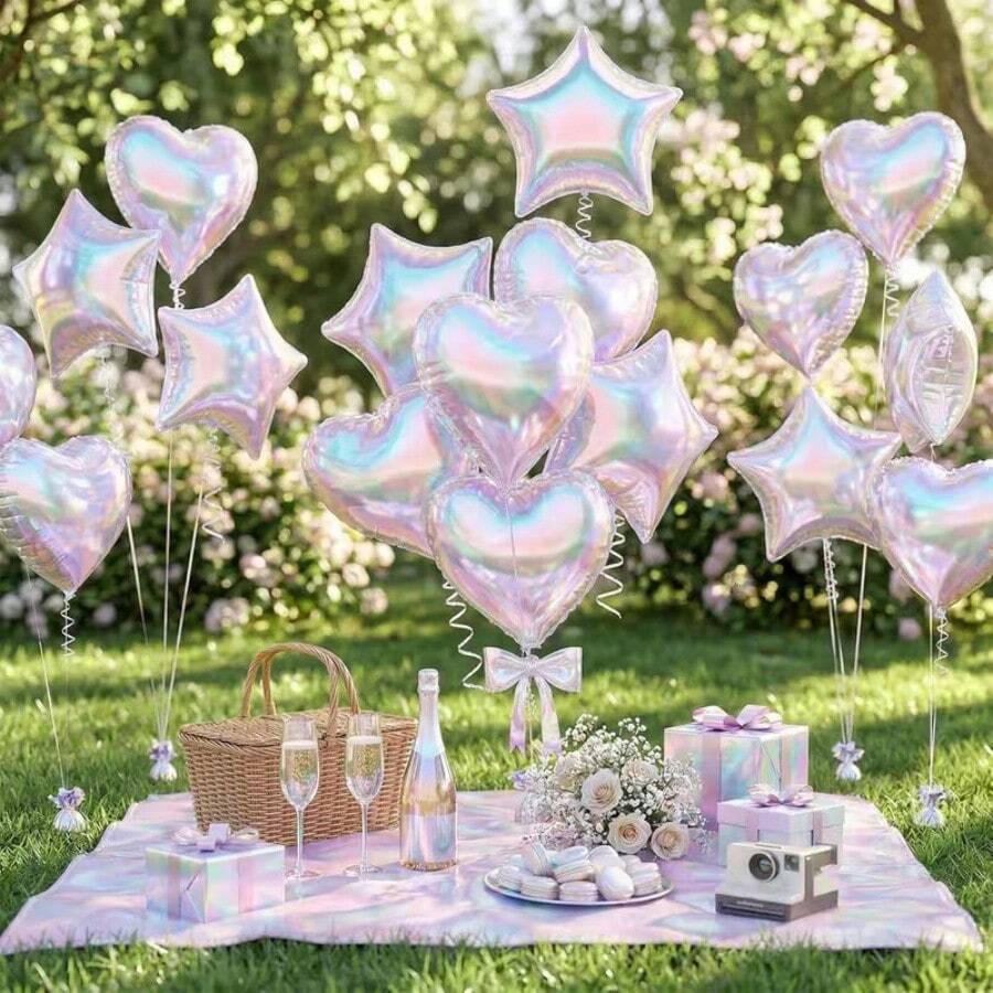 14pcs 18IN Transparent Star And Heart Foil Balloons, Iridescent Clear Accessory Balloons For Mermaid Frozen Birthday Wedding Party - View 1