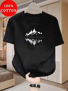 Camiseta de Hombre% Algodón con Estampado de Paisaje, Diseño Casual de Cuello Redondo para Ropa Urbana de Verano - Negro - Ver 1