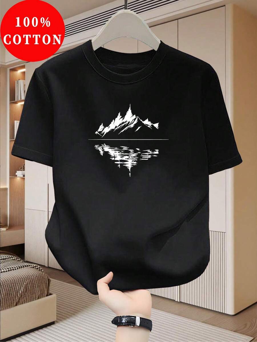 Camiseta de Hombre% Algodón con Estampado de Paisaje, Diseño Casual de Cuello Redondo para Ropa Urbana de Verano - Negro - Ver 1