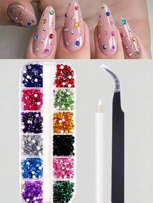 12-Grid Multi-Size 3D Nail Art Rhinestones - Vibrant Acrylic Gems & For DIY Nail Art Decoration, Multiple Colors (Pink, Blue, Green, Red, Purple) - Perfect For Creating Stunning Nail Art Designs, Nail Art Accessories Nail Charms - Multicolor - View 3