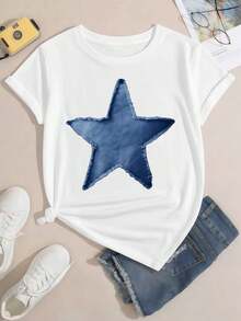 Camiseta de estrellas azules para mujer, primavera, tela de alta calidad, cuello redondo, corte holgado, cómoda, casual - Blanco - Ver 2