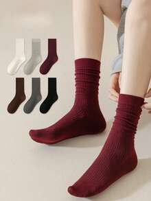6 Pairs Solid Color Vertical Stripe Slouch Socks, Versatile All-Match Mid-Calf Socks For Women, 1/3/5/6/10 Pairs - Burgundy - View 1