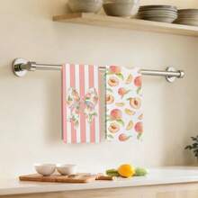 Set Of 2 Summer Fruit Kitchen Towels: Sweet Strawberry (Pink Stripes) And Fresh Peach Designs. Made Of Absorbent Polyester Microfiber, Quick-Drying, Lint-Free, Machine Washable. Ideal For Kitchen Cleaning And Summer Decor. - Multicolor - View 9