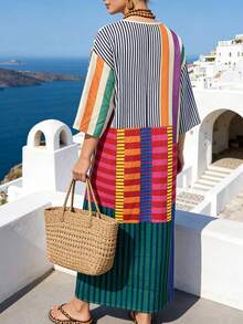 Women's Contrast Striped V-Neck Loose Casual Vacation Style Long Dress, Spring/Summer Elegant - Multicolor - View 2