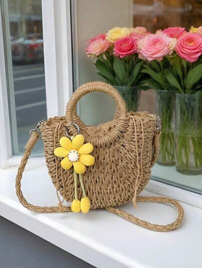 1pc Semi-Circle Straw Woven Drawstring Crossbody Bag, Fashionable Vacation Bag, Hand-Carry Or Crossbody, Suitable For Travel And Daily Shopping