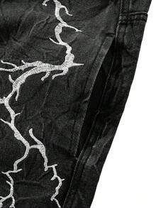 Dark Techwear Style Black & Grey Washed Denim Jeans, Lightning Embroidery Extra Wide Leg Men's Unique Casual Pants - Black - View 8