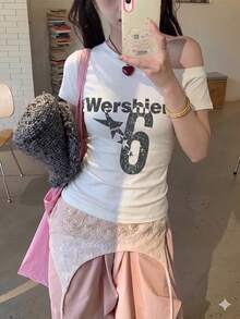 Sexy Print Asymmetrical Shoulder Short Sleeve T-Shirt, Figure-Flattering Slim Fit Crop Top Casual White Summer - White - View 4