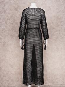 性感針織鏤空流蘇綁帶式裹身海灘長洋裝 2026夏季女款 V領喇叭袖側開衩度假穿搭泳池派對長裙罩衫 - 黑色 - 查看 6