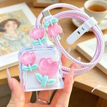 Flower/Coffee/Cherry Pattern Data Cable Protector Sleeve Compatible With Apple 18-20W Charger, Anti-Scratch And Anti-Breakage Protective Cover - Multicolor - View 4