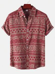 Men's Short Sleeve Geometric Print Linen-Feel Casual Beach Vacation Shirt (Asymmetric Cut) - Red - View 2