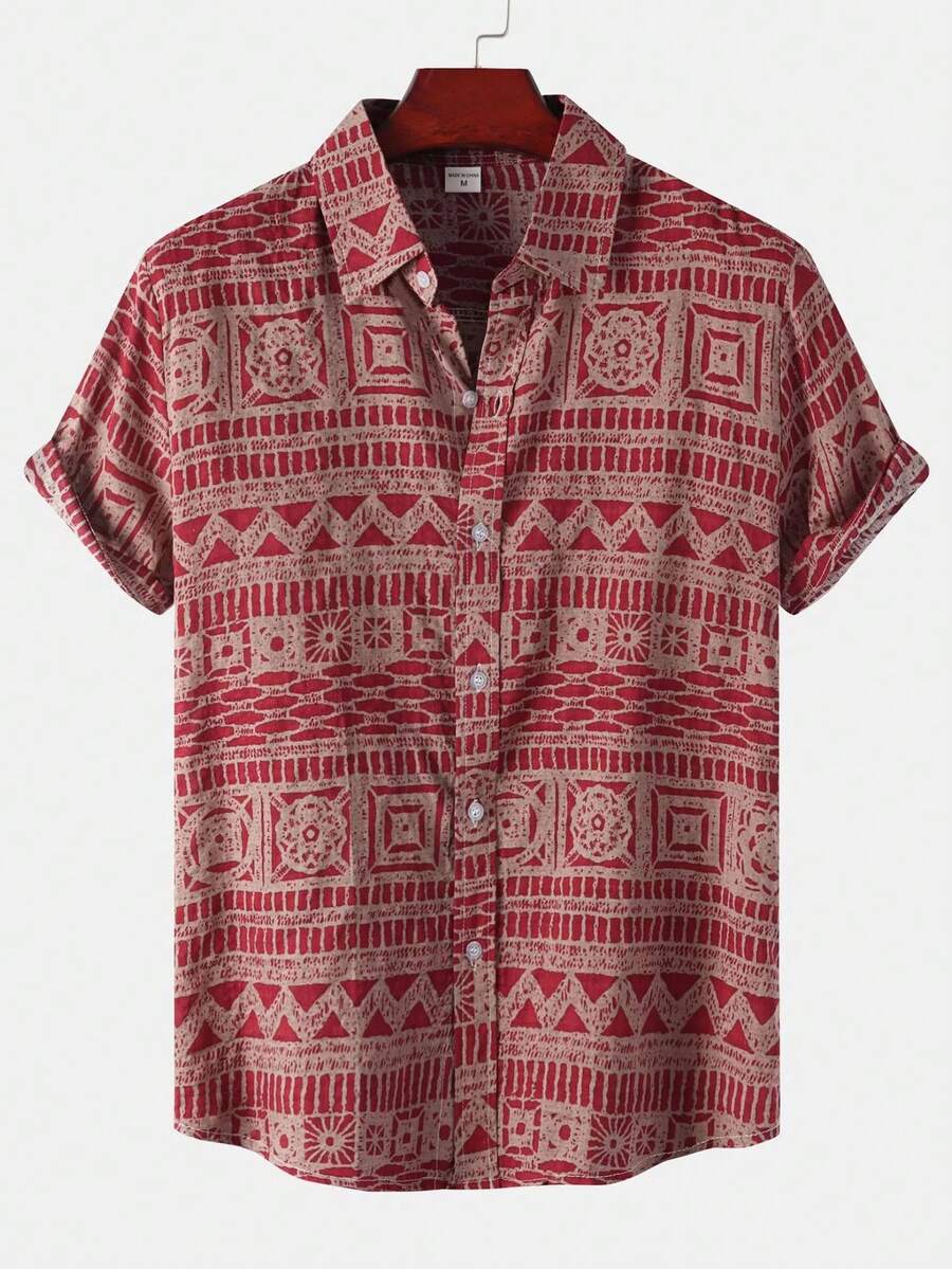 Men's Short Sleeve Geometric Print Linen-Feel Casual Beach Vacation Shirt (Asymmetric Cut)