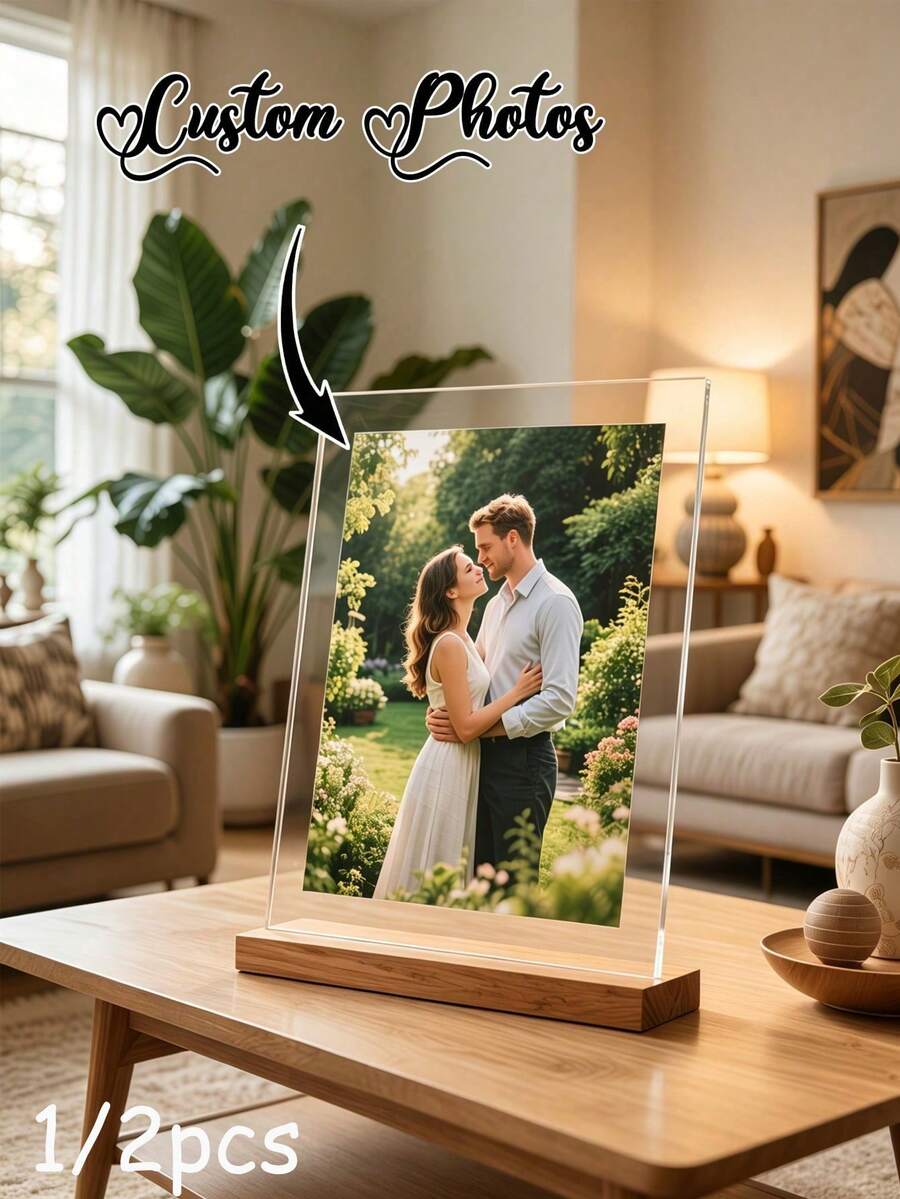 1/2pcs Customizable 2D Acrylic Photo Frame Display Stand, Personalized Engagement Photo Frame, Perfect Gift For Newlyweds, Engagement Or Family/Friends - Multicolor - View 1