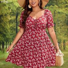 jianchaimaoyi02  VCAY Vestido corto de mujer talla grande con cuello de corazón floral negro, manga corta con cordón delantero - Azul marino - Ver 2