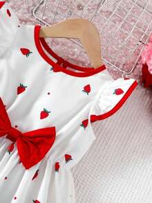 Kleid mit Flügelärmeln und Schleife für Kleine Mädchen mit Erdbeer-Print, Frühling/Sommer - Rot - Übersicht 6