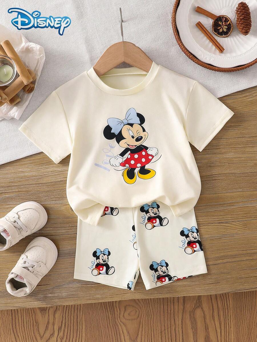 Disney 女嬰T恤套裝,夏季迪士尼溫柔甜美風,彈性修身圓領奶油白底藍色蝴蝶結米妮印花T恤 + 搭配奶油白米妮滿版印花短褲,2件套,休閒日常、旅行、度假、派對,適合3歲以下女童 - 杏色 - 查看 1