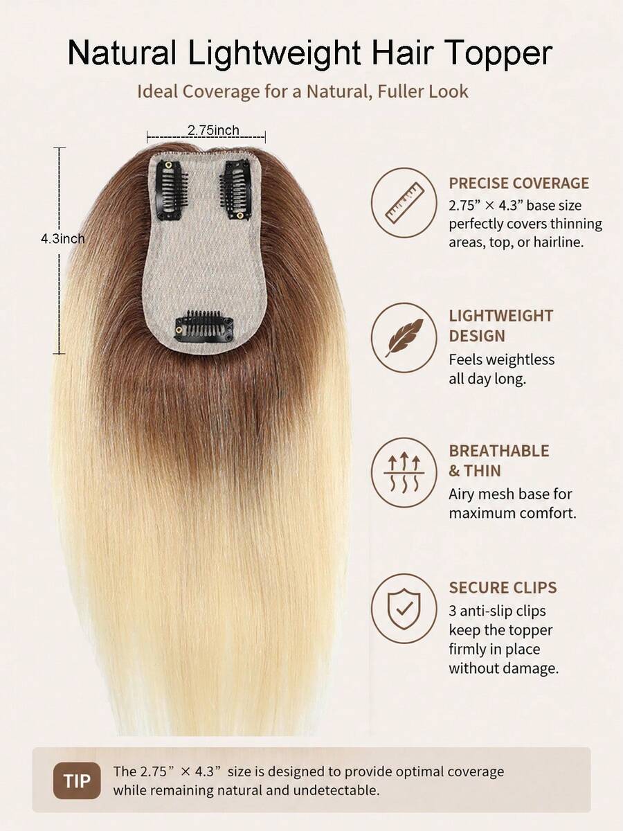 Penutup Rambut Wanita dari Rambut Manusia Asli Ukuran 7x11cm, Model Jepit, Menutupi Akar Rambut Beruban Alami, Rambut Palsu dengan Dasar Renda yang Tak Terlihat dan Bernapas, Panjang 12 Inci, Cocok untuk Rambut Tipis - MultiWarna - View 1