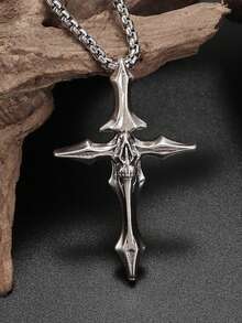 1pc Street Dark Vintage Niche Personalized Bone Cross Pendant Necklace Jewelry Accessory - Antique Silver - View 4