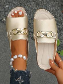 Damen Keilsandalen in Große Größen 36-43, Weite Passform, Sommer Mode, Lässig, Hellgold, für Alltag und Outdoor, mit Metallkette, leicht und bequem, PU-Obermaterial, dicke Sohle, zufälliges Muster - Hellgoldene Figur 8 aus Metall - Übersicht 3
