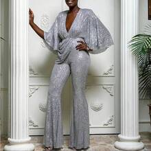 2026 Nuevo Mono Sexy de Lentejuelas con Escote en V Profundo y Espalda Descubierta para Mujer, Estilo Europeo y Americano, Pantalones Largos, a la Moda, para Comercio Exterior - Champán - Ver 6