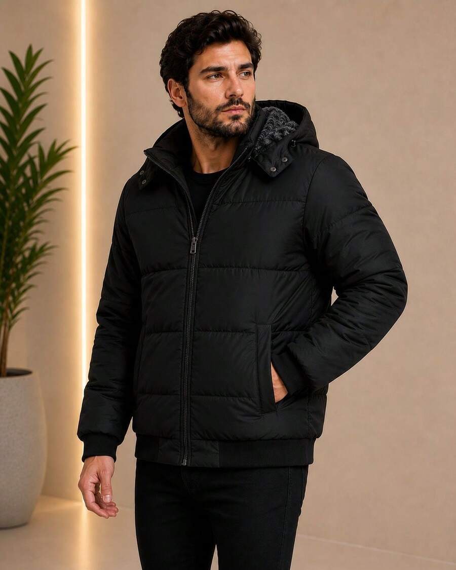 Men's Fuzzy-Lined Puffer Jacket - 黑色 - 查看 1