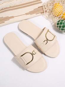 Beige Flat Slide Sandals For Women, Leather Upper With Embossed Texture And Metal Buckle Decor, Slip-On Vacation Style Summer Casual Beach Shoes, New Summer Casual One-Strap Flat Sandals - Beige - View 7