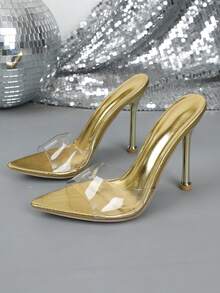 Mules de moda de tacón alto de mujeres con de punta con de color metálico - Dorado - Ver 12
