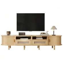 Mueble de TV ovalado de 170 x 40 x 40 cm con 2 cajones de ratán, 2 puertas correderas, mesa de centro y mueble para televisores de hasta 70 pulgadas, acabado en nogal. - Camel - Ver 1