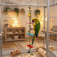 1pc Random Color Parrot Climbing Ladder Bird Climbing Rope With Artificial Leaves, Bells And Wooden Chewable Perch, Boredom Relief Bird Chewing Toy, Suitable For Budgies, Cockatiels And Lovebirds, Bird Cage Decoration Bird Cage Accessories - View 1