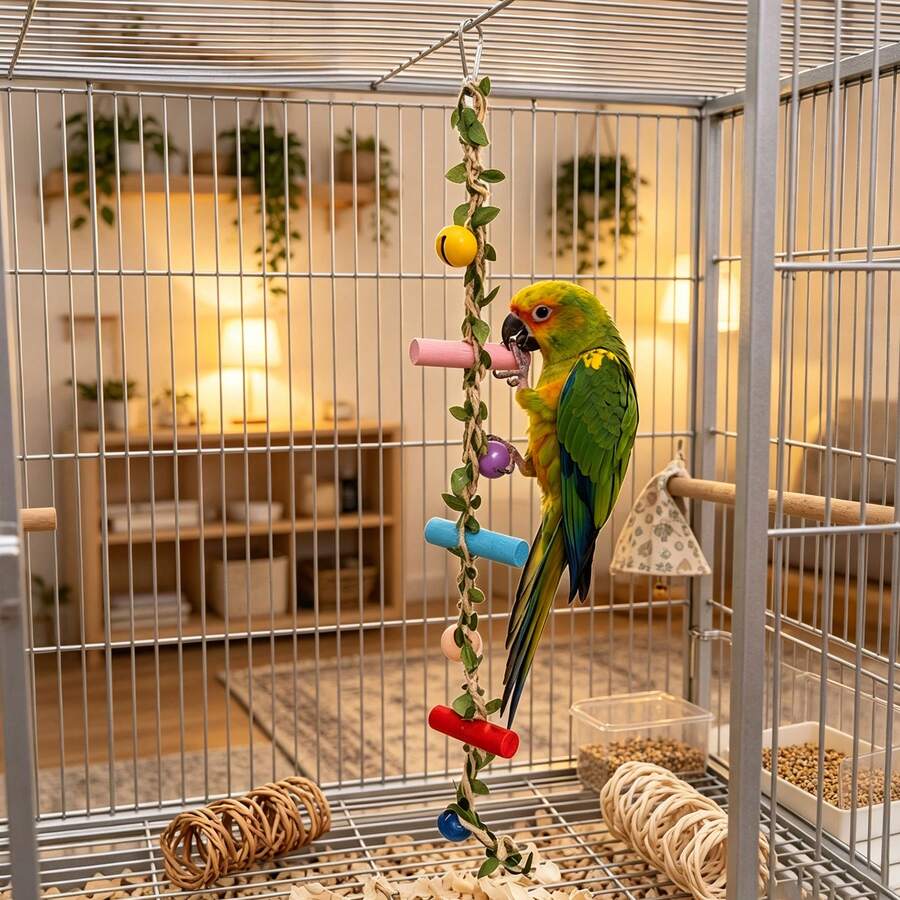 1pc Random Color Parrot Climbing Ladder Bird Climbing Rope With Artificial Leaves, Bells And Wooden Chewable Perch, Boredom Relief Bird Chewing Toy, Suitable For Budgies, Cockatiels And Lovebirds, Bird Cage Decoration Bird Cage Accessories - View 1