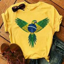 Camiseta Estampada Feminina Brasil Arara 2026 Camisa 100% Algodão Casual Lançamento - Amarelo - Visão 1