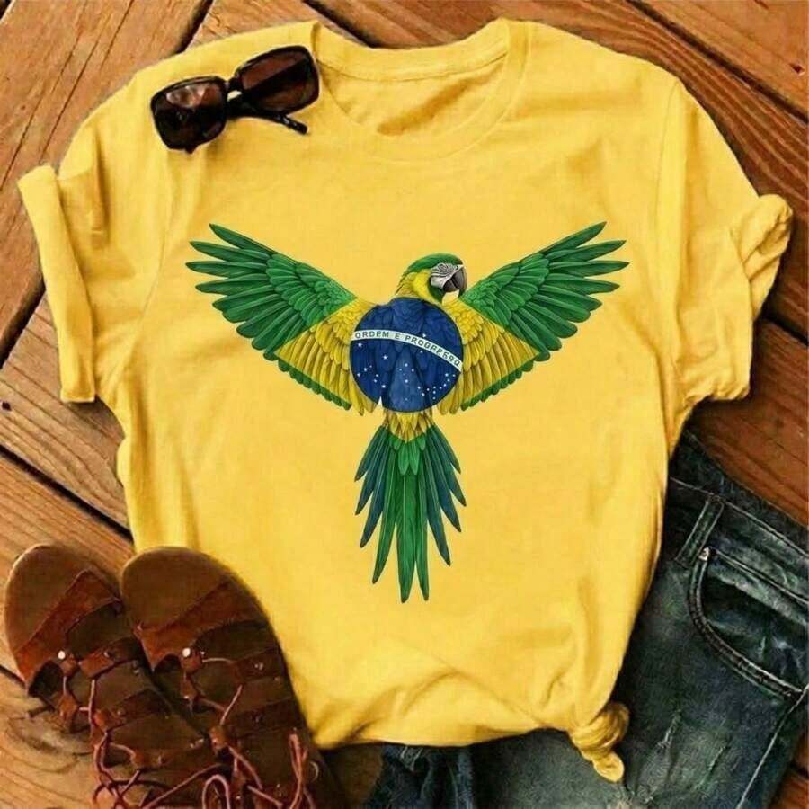 Camiseta Estampada Feminina Brasil Arara 2026 Camisa 100% Algodão Casual Lançamento - Amarelo - Visão 1