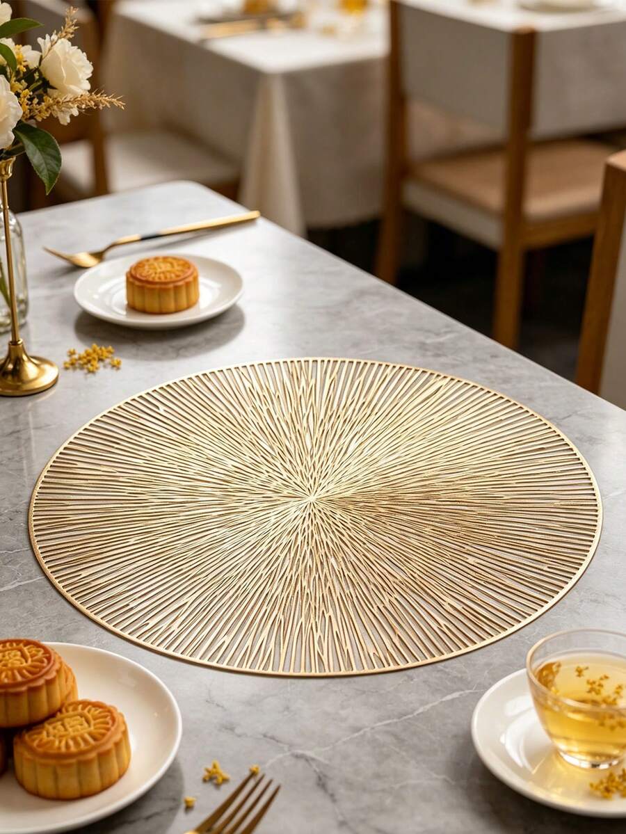 2/12 peças Jogo Americano Redondo de 15" com Padrão de Fogos de Artifício em Folha de Ouro, Material (PVC), Design Vazado com Estampa Dourada, à Prova d'Água, Lavável, Fácil de Limpar, Antiderrapante, Resistente ao Calor, para Decoração de Ambiente, Mesa de Jantar, Decoração Doméstica, Adequado para Feriados, Festas, Aniversários, Casamentos e Jantares - Multicolorido - Visão 1