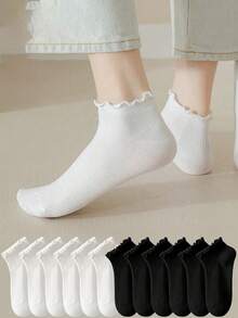 6/12/20 Pairs Women's Ruffled Ankle Socks, Black & White Vertical Stripes, Ins & College Style, Versatile For Home, Commute And Party - Multicolor - View 2