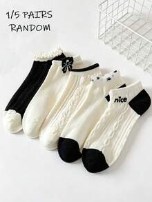 1/5 Pairs Random Black & White Bow Knot Breathable Cute Sweet Short Socks, Suitable For Daily Commute Outfit, Spring/Summer - Multicolor - View 2