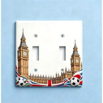 England Big Ben & Soccer Print Double Toggle Light Switch Wall Plate, London Landmark, Union Jack Colors & Football Decorative Light Switch Cover, 2D Flat Printed Plastic Electrical Faceplate, Perfect Sports & British Pride Home Decor