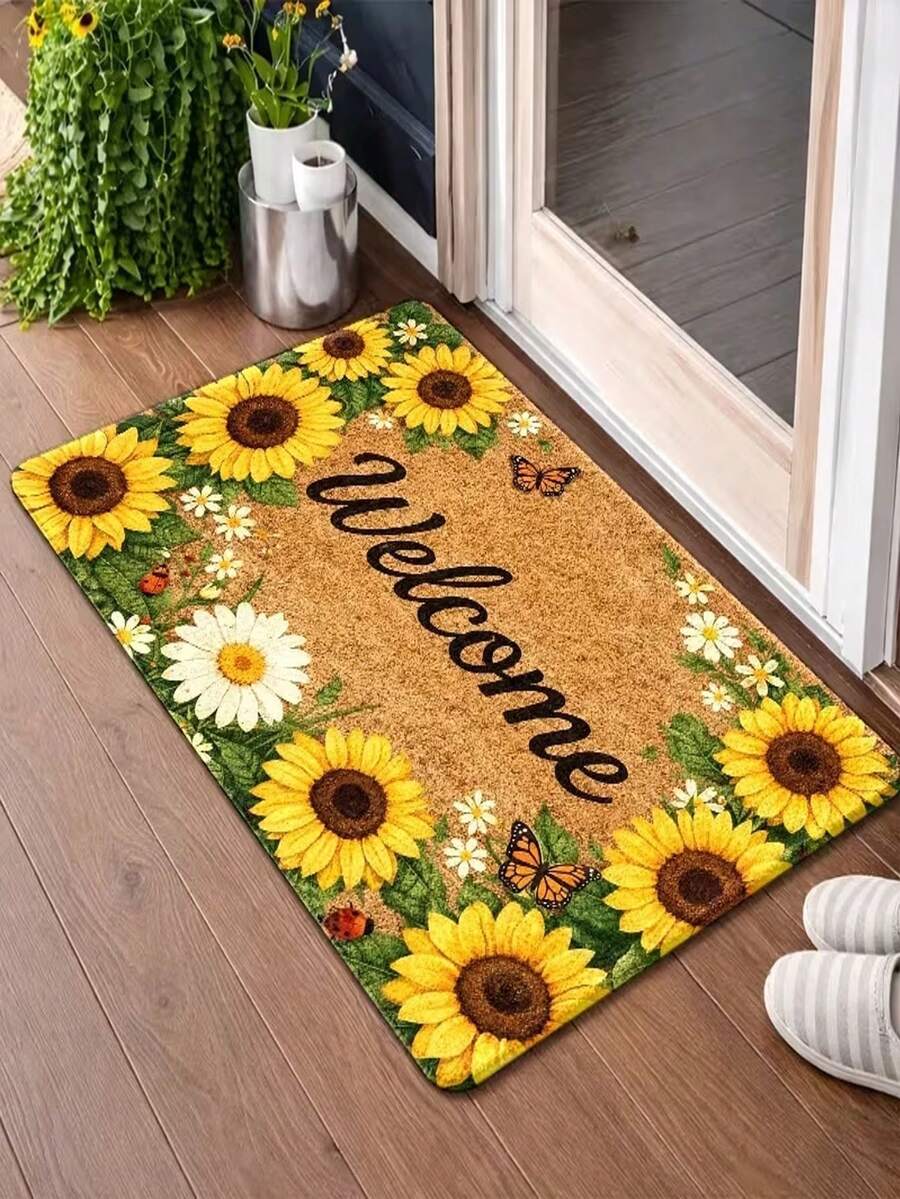 1 buah Keset Selamat Datang Motif Bunga Matahari & Kupu-kupu - Tahan Lama & Dapat Dicuci dengan Mesin - Keset Dalam Ruangan Serbaguna (Cocok Untuk Dapur, Kamar Tidur, Ruang Tamu, Kamar Mandi, Keset Hewan Peliharaan, Teras Luar Ruangan, Karpet Area Kecil) - B - View 1