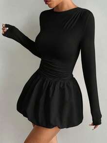 Vestido Manga Larga Elástico Ajustado Volantes 2026 - Negro - Ver 4