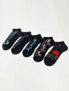 1/5 Pairs Random Women's Short Socks, Black Sheer Crystal Flower Embroidery Mesh Socks, Fashion Breathable Sweat-Absorbent Thin Socks For Spring And Summer, Best For Daily Wear - Multicolor - View 3