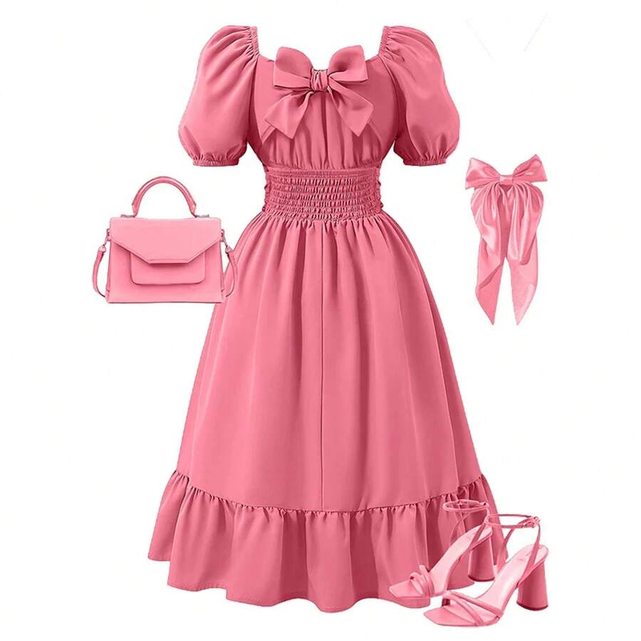 Vestido de talla grande para mujer, informal, bonito, elegante, con hombros descubiertos, manga acampanada, lazo, Color sólido, primavera y verano - Rosa - Ver 1