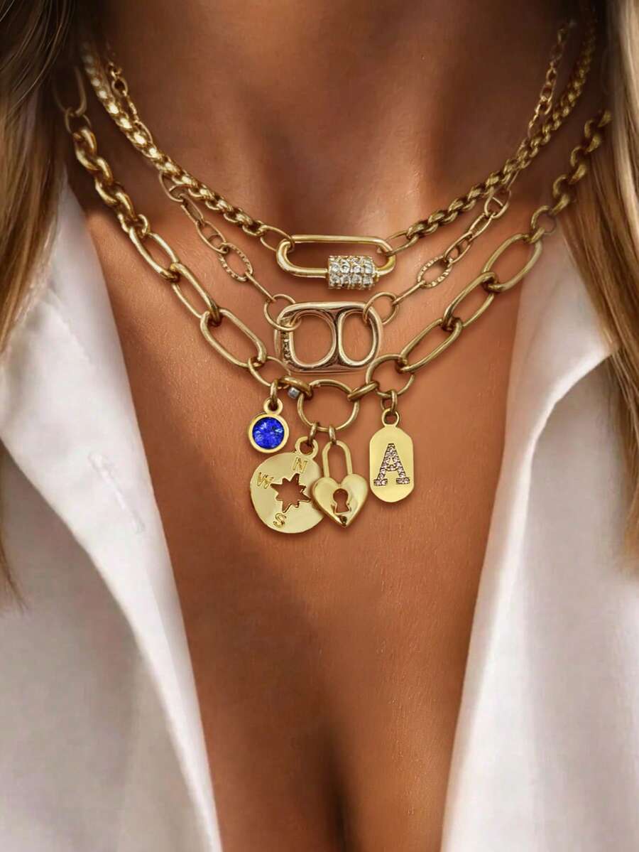 1PC Gold Initial Necklace, Luxurious Round Buckle With Letters, And Octagonal Pendant Necklace, Suitable For Ladies' Exquisite Holiday Party Gifts - Yellow Gold - View 1