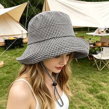 Women's Black And White Plaid Bucket Hat, Fashionable Spring Sun Hat, Lightweight Foldable And Portable, With Adjustable Chin Strap, Secure Fit, Suitable For Spring And Summer Outdoor Walks, Travel And Sporting Events. - Multicolor - View 5