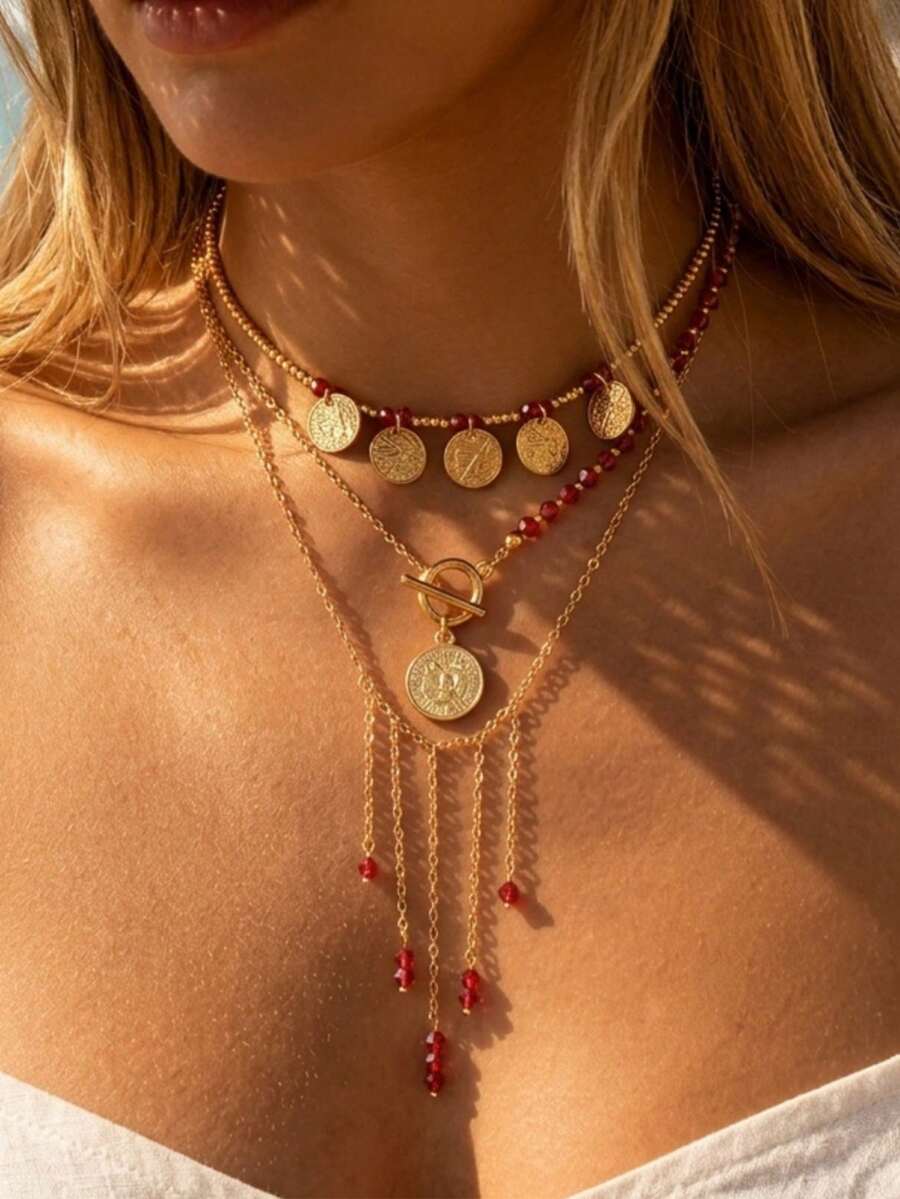 3 Piezas/Set Collar de Flecos de Cristal Falso Estilo Boho, Accesorio de Cadena Gargantilla con Colgante Redondo Versátil y de Moda - conjunto de collar - Ver 1