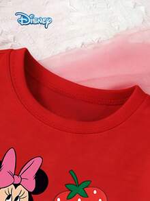 Baby Girls T-Shirt Set, Summer Disney Korean Sweet Style Regular Fit Round Neck Bright Red Strawberry Minnie Mouse Print T-Shirt + White Strawberry Floral All-Over Print Shorts Set, Casual Daily Outing Vacation Party Outfit, Suitable For Girls Under 3 Years Old - Red - View 3