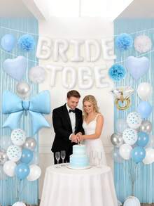 1 Set Blue Bachelorette Party Decoration, White Bride-To-Be Bridal Shower Decoration Bow Ring Heart-Shaped Balloons White Bow Print And Silver Sequin Balloons Tassel Curtain Paper Flower Balls Suitable For Bachelorette Party Wedding - Multicolor - View 5
