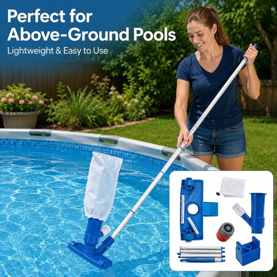 軟管式泳池吸塵器，可攜式噴射吸塵器附126cm可伸縮桿，易於組裝，無需電力，適用於地上泳池、水療池、魚池，可清理落葉、污垢、藻類