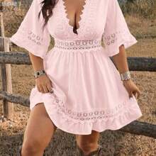 yonghongmaoyi1 Ceyna Vestido de verano casual de talla grande para mujer, de manga corta, con cuello en V, encaje calado, cintura ajustada y línea A, ideal para vacaciones y viajes - Rosa - Ver 1