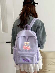 1 pieza Mochila personalizada de gran capacidad para volver a la escuela, versátil con estampado de lazo lindo & cereza, cierre de cremallera, material de nylon, correas de hombro ajustables, portátil a mano, adecuada para la escuela, el transporte, las compras, los viajes al aire libre. Regalo de cumpleaños. - Multicolor - Ver 10