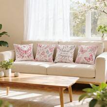MEMNUN 4pcs Peach Grey Bohemian Butterfly Floral Heart Text Print Pattern Throw Pillow Covers [Pillow Insert Not Included] 45*45cm/50*50cm/40*40cm [Single-Sided Print] "Home Is Our Happy Place" Warm Slogan Pink Romantic Floral Cushion Covers Room Decor, Home Decor, Bedroom Decor, Room Decoration Stuff For Sofa, Bed, Living Room, Bedroom, Car, Office, Hotel Decoration Throw Pillow Covers All Seasons Suitable Perfect Gift For Family And Friends - Multicolor - View 8