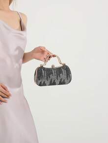 Bolso de noche de lujo estilo Ins con strass, diseño de asa de metal, detalles exquisitos de strass, tamaño pequeño, versátil para citas, fiestas y reuniones - Negro - Ver 9